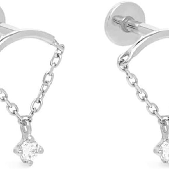 Silver Tassel Chain Dainty Cubic Zirconia Cartilage Earring with Flat Screw Back - Picture 1 of 6
